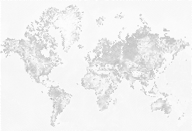 Ilustração do efeito grunge abstrato pontilhada mapa preto e branco de meio-tom. silhueta do mapa do mundo. formas continentais de pontos. fundo monocromático grão circular radial. molde do vetor fácil de editar.