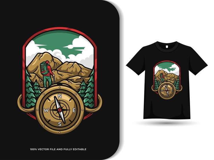 Ilustração do emblema vintage bússola caminhada aventura com modelo de design de camiseta