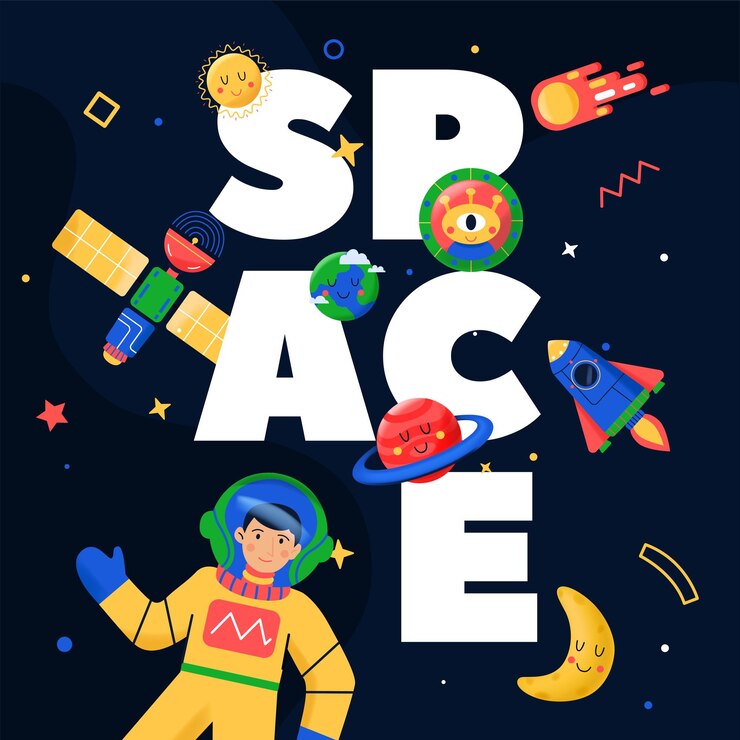 Vetor ilustração do espaço da palavra com adesivos do universo do espaço