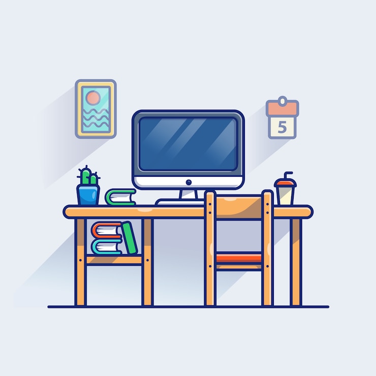 Vetor ilustração do espaço de trabalho. monitor e laptop na tabela. conceito de espaço de trabalho branco isolado