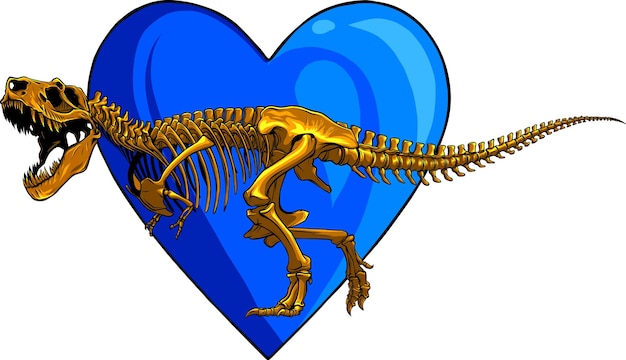 Vetor ilustração do esqueleto de dinossauro tiranossauro com coração