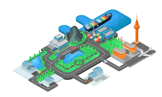 Ilustração do estilo isométrico sobre o mapa de envio do porto e aeroporto ao armazém