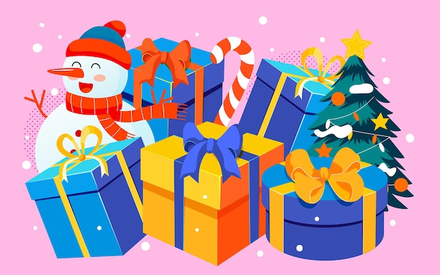Ilustração do fundo da caixa de presente de natal com boneco de neve de inverno cartaz de evento