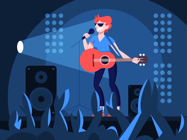 Ilustração do guitarrista tocando música no palco. mulher segurando um violão e canta para a multidão. artista feminina em pé com a guitarra e realizando um show.