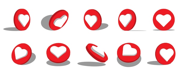 Ilustração do ícone 3d do botão de coração com diferentes pontos de vista e ângulos