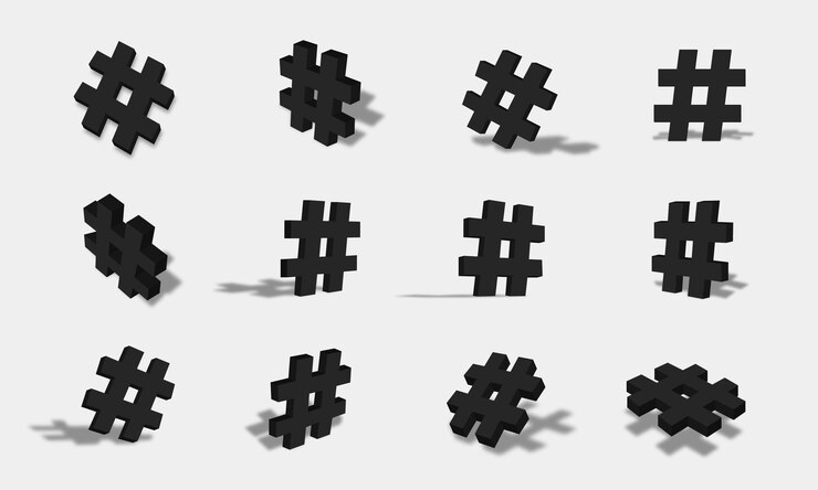Vetor ilustração do ícone de hashtag 3d preto com diferentes pontos de vista e ângulos