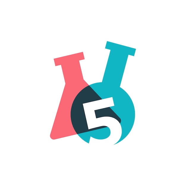 Ilustração do ícone do logotipo do copo de laboratório de laboratório de cinco números 5