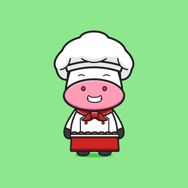 Ilustração do ícone dos desenhos animados do chef mascote da vaca bonito. projeto isolado estilo cartoon plana