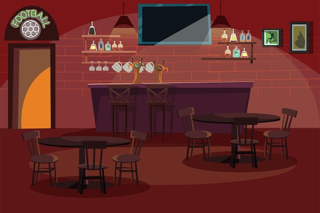 Ilustração do interior do bar Pub vazio com cadeiras de balcão de madeira e equipamentos garrafas óculos televisão