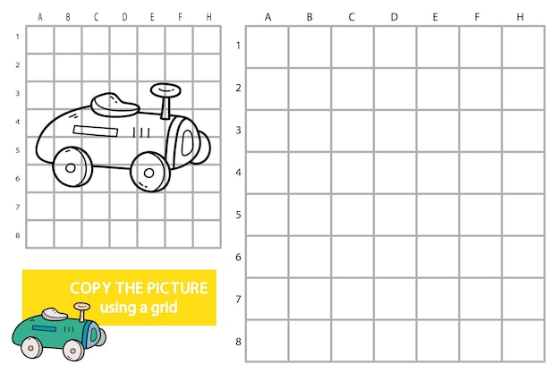 Ilustração do jogo de quebra-cabeça educacional de imagem de cópia de grade com automóvel doodle