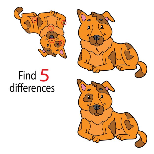 Ilustração do jogo educativo de quebra-cabeça infantil encontre 5 diferenças com o cachorro dos desenhos animados