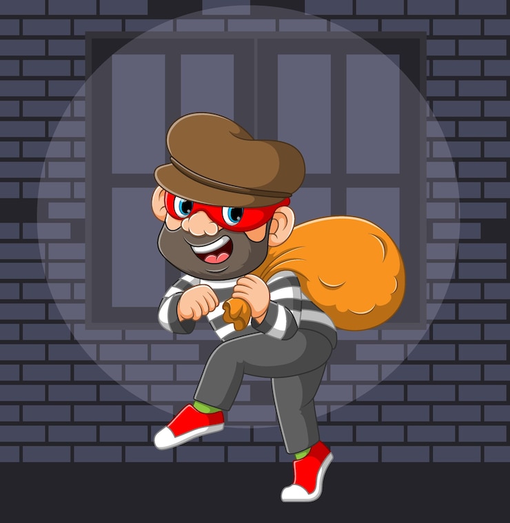 Vetor ilustração do ladrão usando o almíscar e segurando um saco de dinheiro