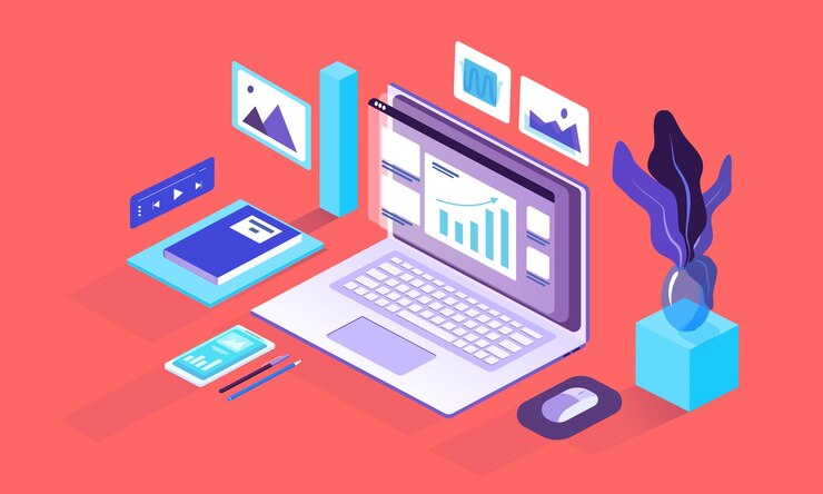 Ilustração do laptop isométrico colorido com negócios ou finanças. Imagens, janelas pop-up, smartphones, papel de escritório e objetos de chancelaria.