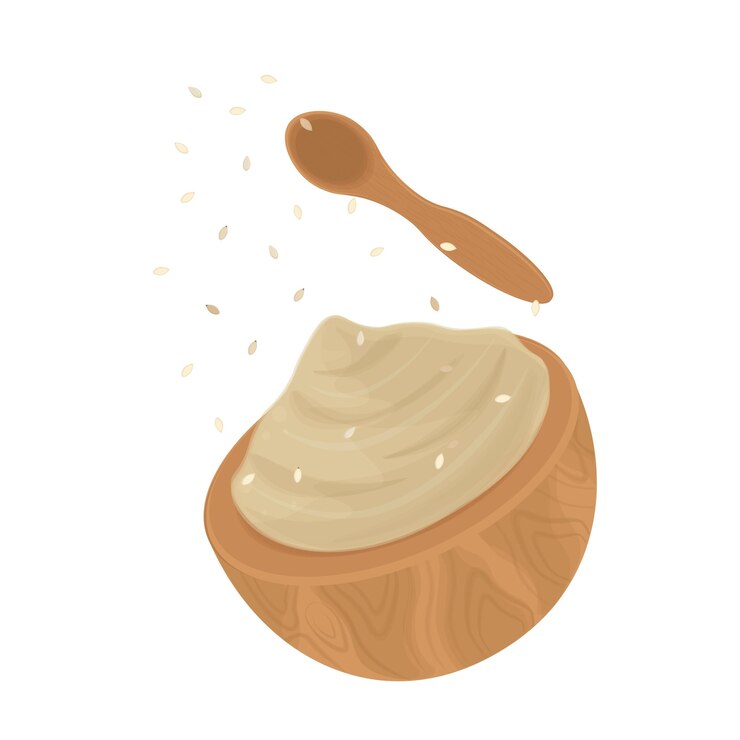 Vetor ilustração do logotipo clipart tahini paste em uma tigela de madeira com sementes de gergelim de levitação