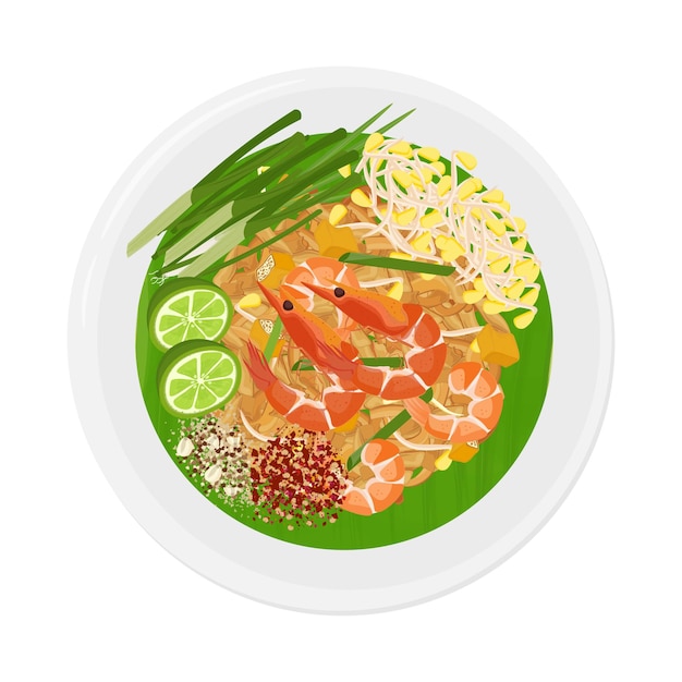 Ilustração do logotipo Clipart Top View Pad Thai Stir Fried Rice Noodles em um prato