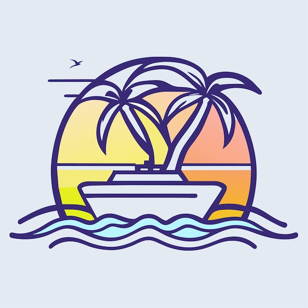 Vetor ilustração do logotipo gráfico palm tree cruise navio cores vibrantes vetor