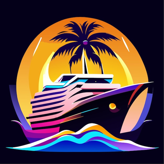 Vetor ilustração do logotipo gráfico palm tree cruise navio cores vibrantes vetor