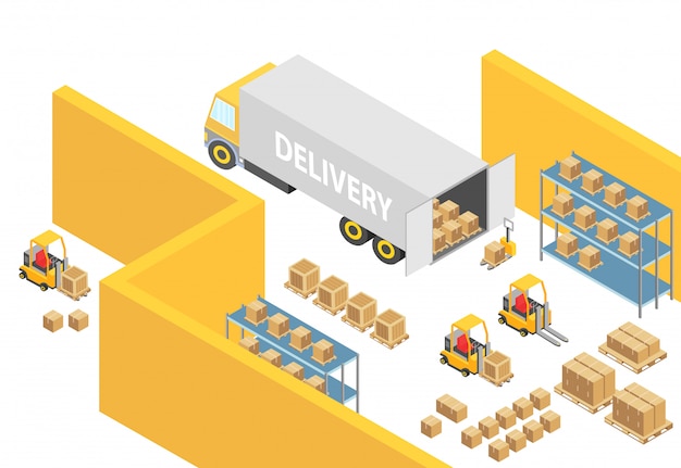 Ilustração do mapa interior do armazém 3d isométrica do armazém com transporte de logística e veículos de entrega. empilhadeiras, pessoas e caixas de entrega. modelo de infográfico de empresa de carga.