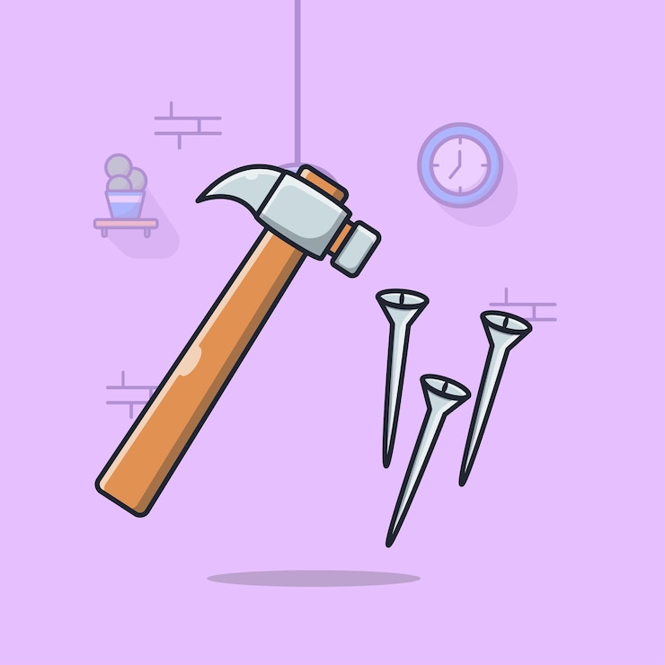 Vetor ilustração do martelo e do prego para o símbolo do ícone dos desenhos animados do trabalho de construção