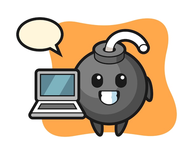 Ilustração do mascote da bomba com um laptop