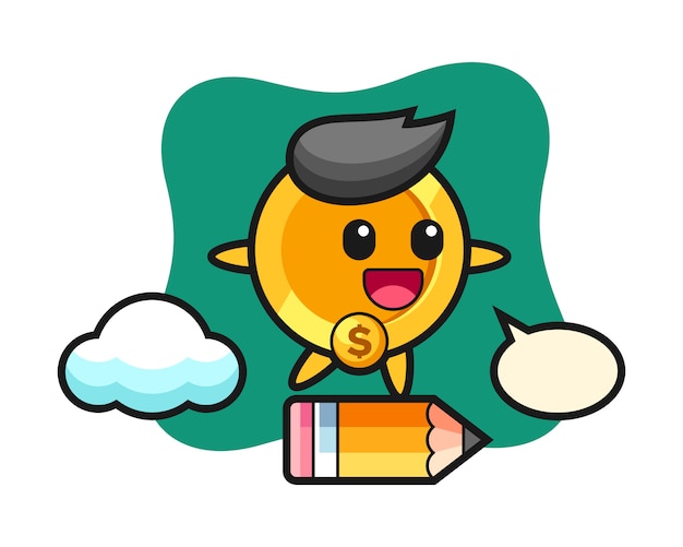 Ilustração do mascote da moeda de um dólar andando em um lápis gigante