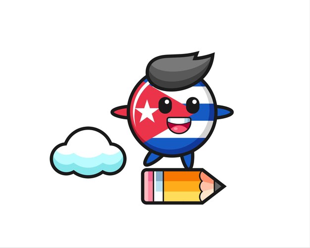 Ilustração do mascote do emblema da bandeira de cuba andando em um lápis gigante, design de estilo fofo para camiseta, adesivo, elemento de logotipo