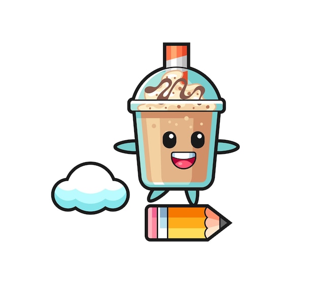 Ilustração do mascote do milk-shake andando em um lápis gigante, design de estilo fofo para camiseta, adesivo, elemento de logotipo