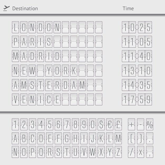 Vetor ilustração do modelo da placa mecânica do balcão de embarque do aeroporto, chegada e destino