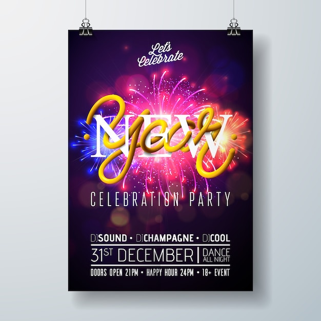 Vetor ilustração do molde do cartaz da celebração do partido do ano novo com design da tipografia