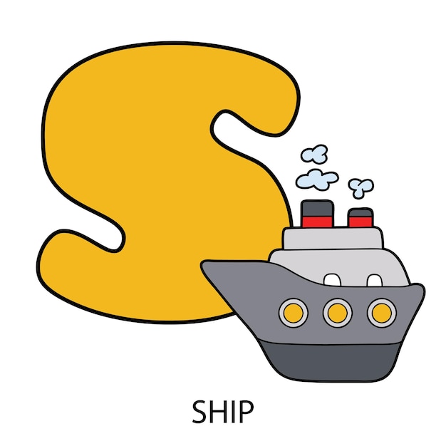Ilustração do navio dos desenhos animados e letra do alfabeto