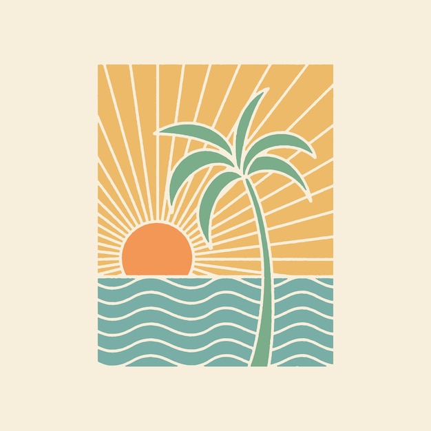 Vetor ilustração do oceano, sol, forma gráfica, design, ondas, logotipo tropical vintage, emblema de palma.