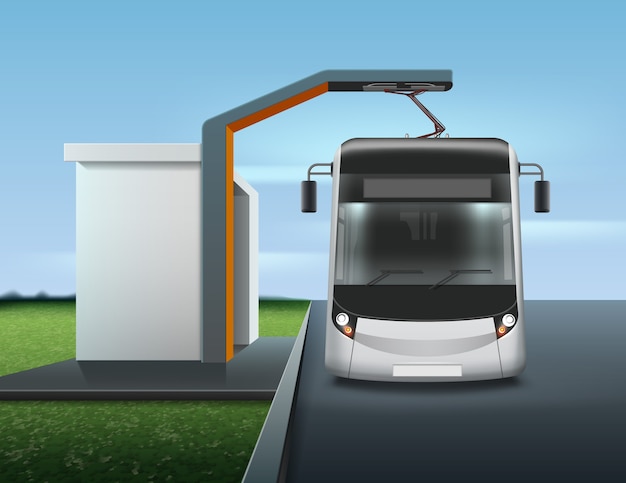 Vetor ilustração do ônibus elétrico moderno durante o carregamento no ponto de ônibus