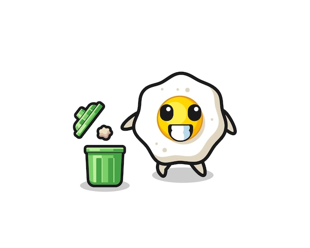 Ilustração do ovo frito jogando lixo na lata de lixo