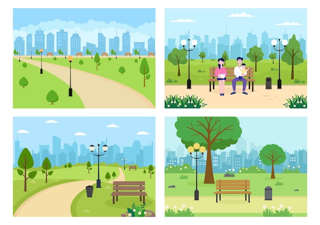 Ilustração do parque da cidade para pessoas que fazem esporte, relaxar, brincar ou recreação com gramado e árvore verde. cenário de fundo urbano