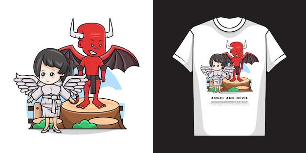 Ilustração do personagem bonito do anjo e do demônio com design de camiseta