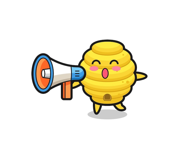Ilustração do personagem da colmeia de abelhas segurando um megafone, design fofo