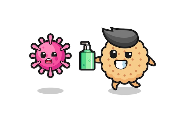 Ilustração do personagem de biscoitos redondos perseguindo vírus maligno com desinfetante para as mãos