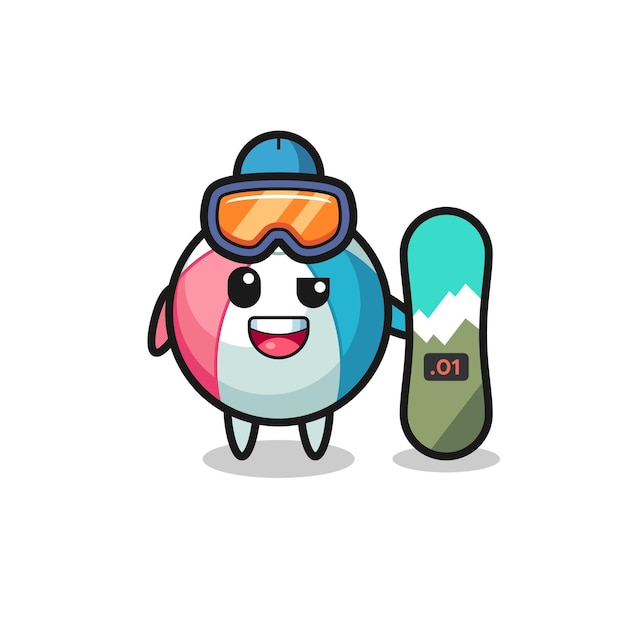 Ilustração do personagem de bola de praia com estilo de snowboard