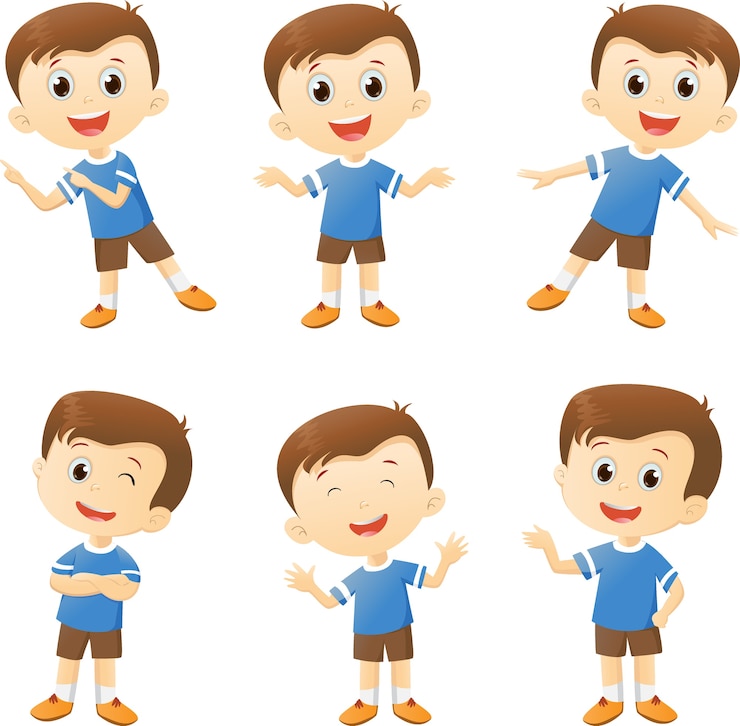 Vetor ilustração do personagem de desenho animado de menino bonito em muitos ação