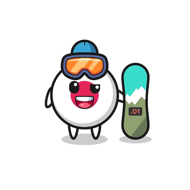 Ilustração do personagem de distintivo de bandeira do japão com estilo de snowboard