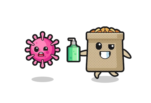 Ilustração do personagem de saco de trigo perseguindo vírus maligno com desinfetante para as mãos