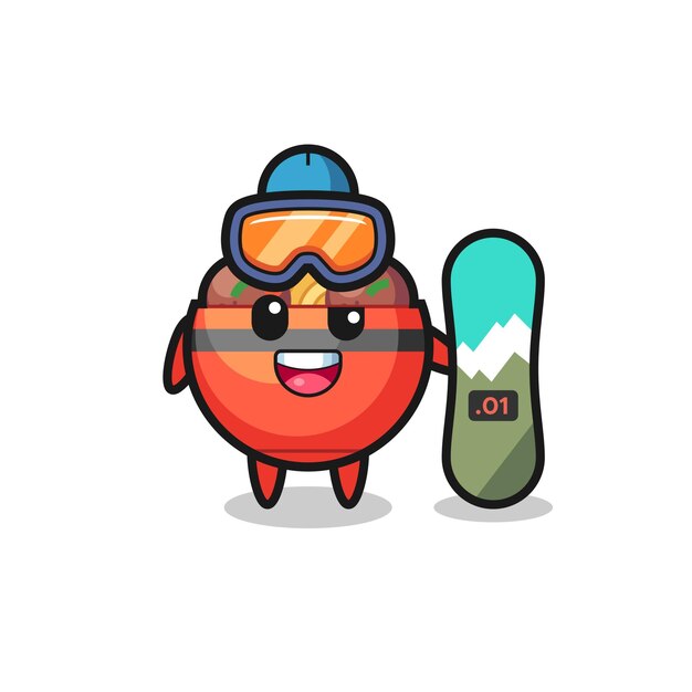 Ilustração do personagem de tigela de almôndega com estilo de snowboard