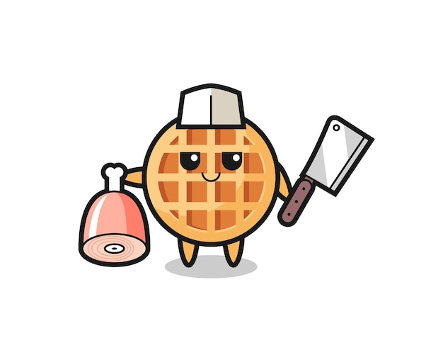 Ilustração do personagem de waffle circular como um açougueiro, design fofo