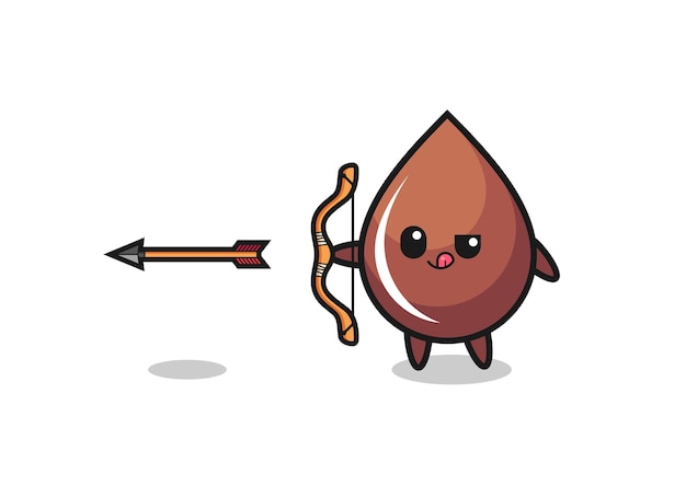 Ilustração do personagem gota de chocolate fazendo arco e flecha, design fofo