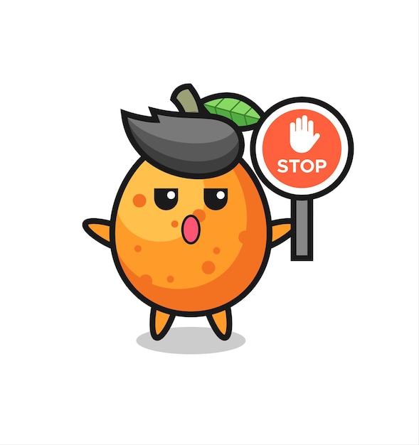 Ilustração do personagem kumquat segurando uma placa de pare, design de estilo fofo para camiseta, adesivo, elemento de logotipo