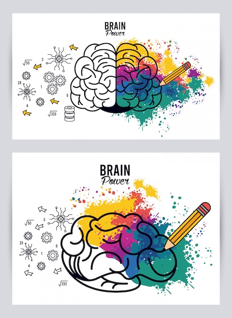 Ilustração do poder do cérebro com respingos de cores e lápis