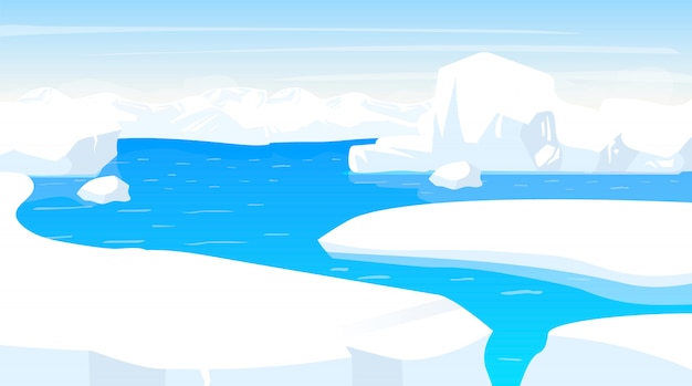 Ilustração do pólo sul. Paisagem da Antártica com bordas de iceberg. Terreno panorâmico de neve branca com oceano. Cena de frio polar. Superfície nórdica. Fiorde de gelo. Alasca. Plano de fundo dos desenhos animados do Ártico