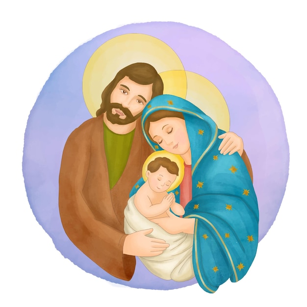 Ilustração do presépio de natal com maria e josé abraçando o menino jesus