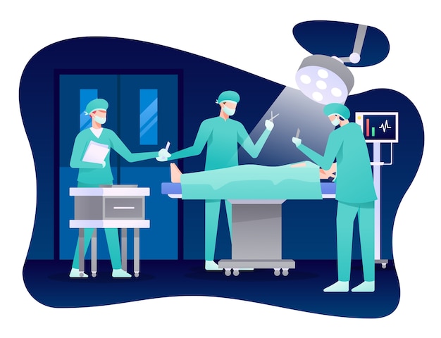 Ilustração do processo de cirurgia, médico fazendo cirurgia com a ajuda da enfermeira.