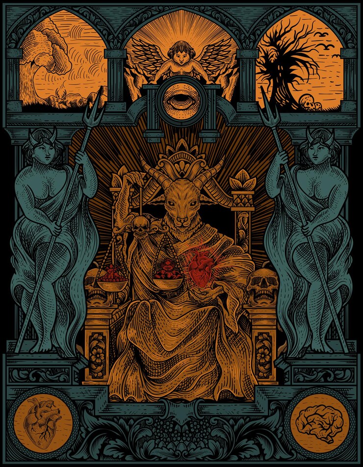 Vetor ilustração do rei satanás em estilo de ornamento de gravura gótica